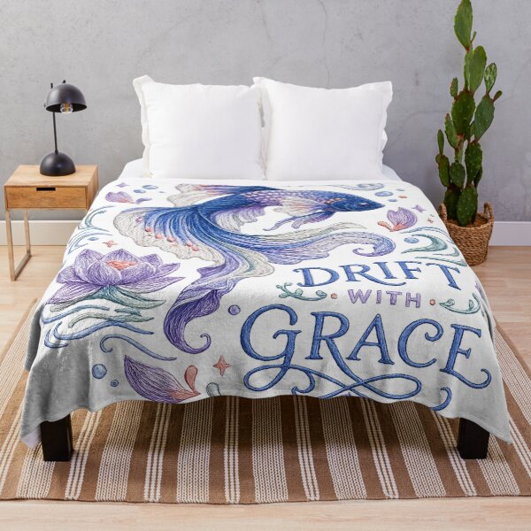 Item preview, Blue Betta Fish Drift With Grace Lotus Watercolor Art Design Print designed and sold by inkoutninja.