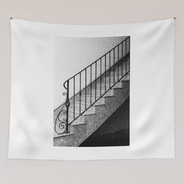 Item preview, Black and White Staircase With Iron Railing Along Granite Steps, Architectural Detail and Shadows designed and sold by Nmallia.