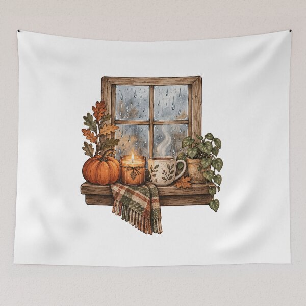 Item preview, Rainy Autumn Windowsill Cozy Cottage Art designed and sold by DreamelleStudio.