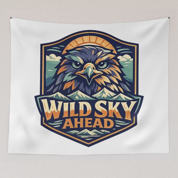 Item preview, Wild Sky Ahead Eagle Mountain Adventure Badge Art Design Print designed and sold by inkoutninja.