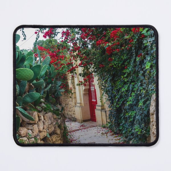 Item preview, Bougainvillea Covered Stone Alley With Red Door And Cactus In Warm Mediterranean Setting designed and sold by Nmallia.