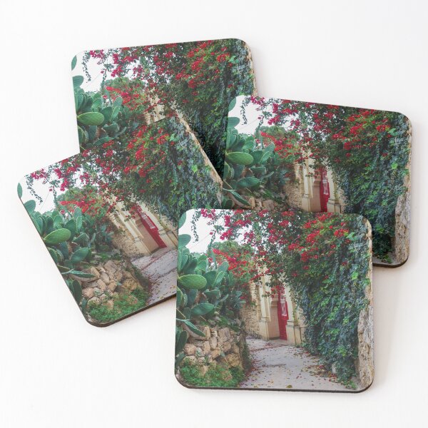 Item preview, Bougainvillea Covered Stone Alley With Red Door And Cactus In Warm Mediterranean Setting designed and sold by Nmallia.