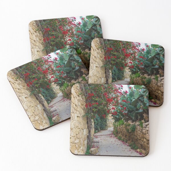 Item preview, Bougainvillea Covered Stone Alley With Red Door And Cactus In Warm Mediterranean Setting designed and sold by Nmallia.