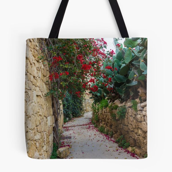 Item preview, Bougainvillea Covered Stone Alley With Red Door And Cactus In Warm Mediterranean Setting designed and sold by Nmallia.