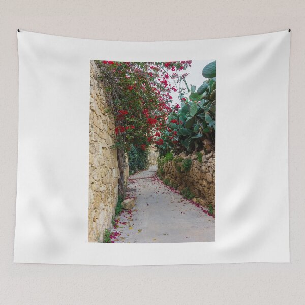 Item preview, Bougainvillea Covered Stone Alley With Red Door And Cactus In Warm Mediterranean Setting designed and sold by Nmallia.