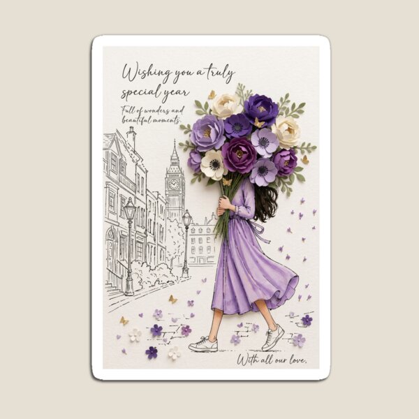 Item preview, Purple Peonies and Anemones Special Year London Walking Woman Art Print designed and sold by sticky10.