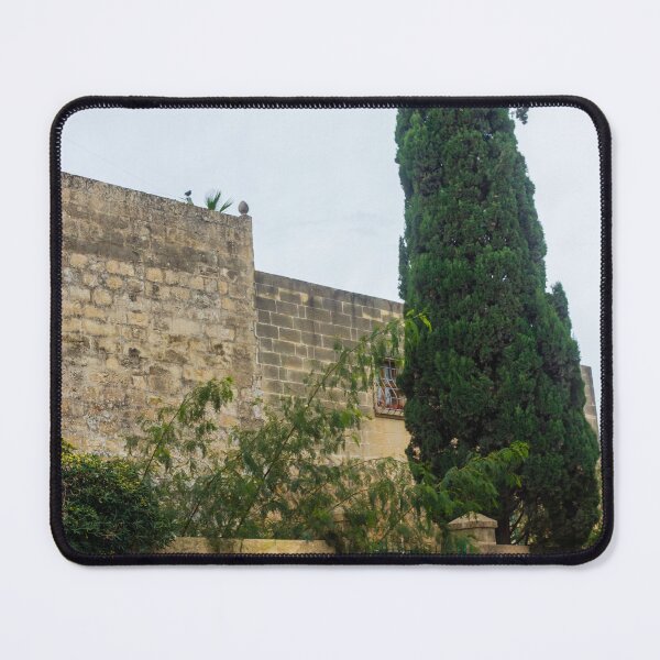 Item preview, Old Stone Wall, Tall Cypress Tree and Green Gate on Quiet Street Scene designed and sold by Nmallia.