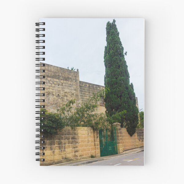 Item preview, Old Stone Wall, Tall Cypress Tree and Green Gate on Quiet Street Scene designed and sold by Nmallia.