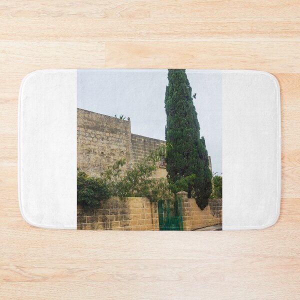 Item preview, Old Stone Wall, Tall Cypress Tree and Green Gate on Quiet Street Scene designed and sold by Nmallia.
