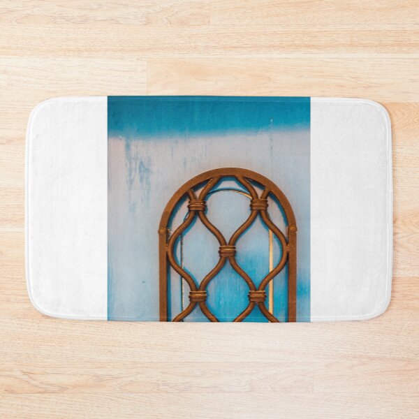 Item preview, Ornate Iron Window Grate On A Bright Blue Wall, Vintage Interior Decor designed and sold by Nmallia.