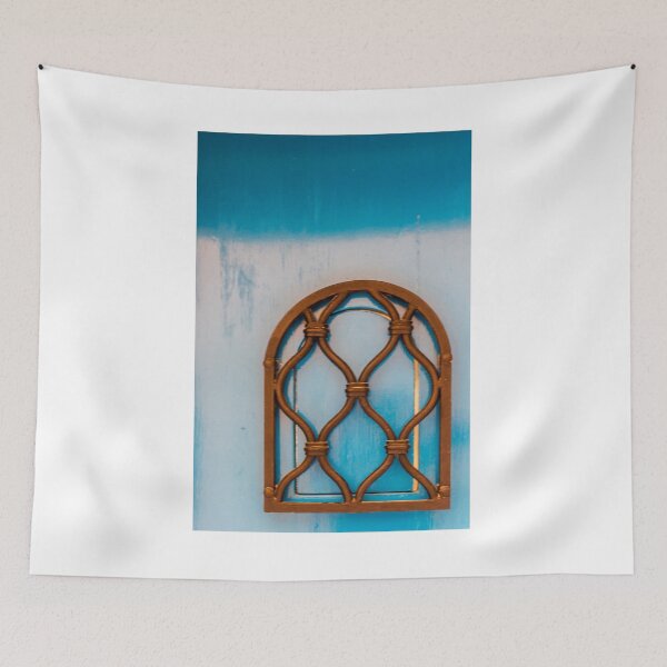 Item preview, Ornate Iron Window Grate On A Bright Blue Wall, Vintage Interior Decor designed and sold by Nmallia.