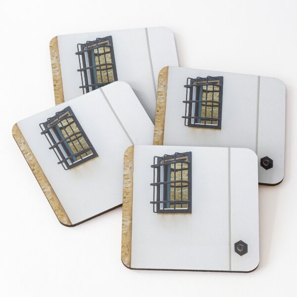 Item preview, White Door With Small Iron Grilled Window Beside Stone Wall; Quiet Exterior Architecture Detail designed and sold by Nmallia.