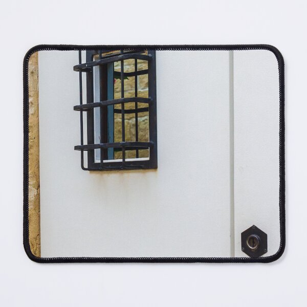 Item preview, White Door With Small Iron Grilled Window Beside Stone Wall; Quiet Exterior Architecture Detail designed and sold by Nmallia.