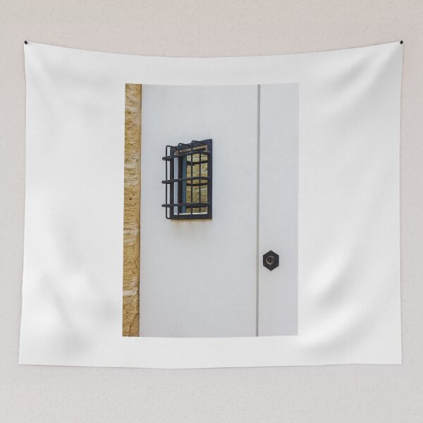 Item preview, White Door With Small Iron Grilled Window Beside Stone Wall; Quiet Exterior Architecture Detail designed and sold by Nmallia.