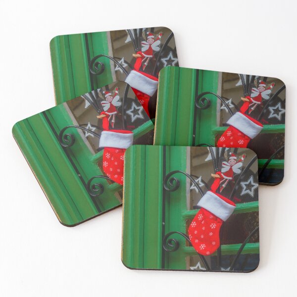 Item preview, Festive Christmas Stocking Hung on Green Door With Star Decorations and Elf Clip designed and sold by Nmallia.
