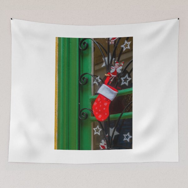 Item preview, Festive Christmas Stocking Hung on Green Door With Star Decorations and Elf Clip designed and sold by Nmallia.