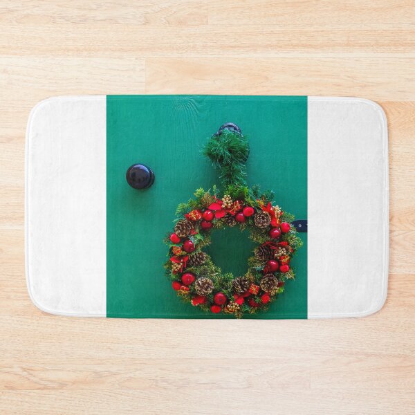 Item preview, Festive Christmas Wreath Hanging on Bright Green Door with Pinecones and Red Ornaments designed and sold by Nmallia.