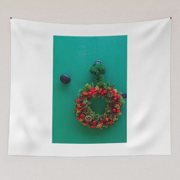 Item preview, Festive Christmas Wreath Hanging on Bright Green Door with Pinecones and Red Ornaments designed and sold by Nmallia.