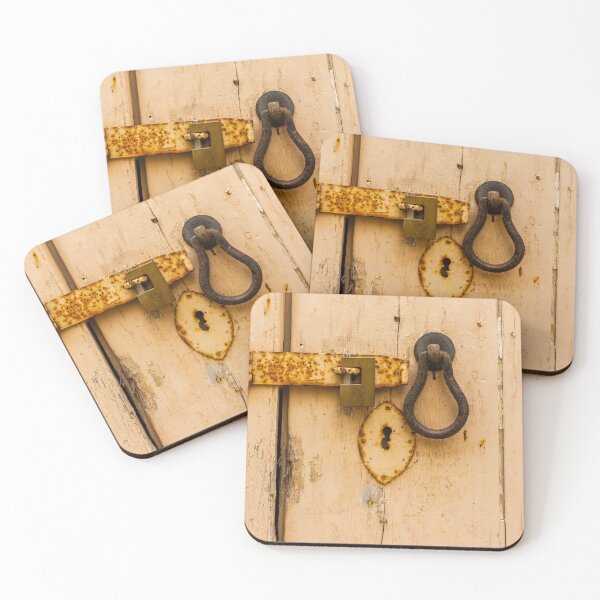 Item preview, Old Rustic Padlock and Latch on Weathered Beige Wooden Door with Keyhole Plate designed and sold by Nmallia.