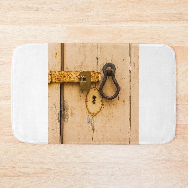 Item preview, Old Rustic Padlock and Latch on Weathered Beige Wooden Door with Keyhole Plate designed and sold by Nmallia.