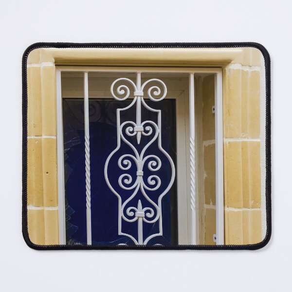 Item preview, Ornate White Iron Window Grille With Beige Stone Frame On White Wall designed and sold by Nmallia.