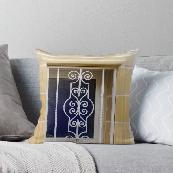 Item preview, Ornate White Iron Window Grille With Beige Stone Frame On White Wall designed and sold by Nmallia.