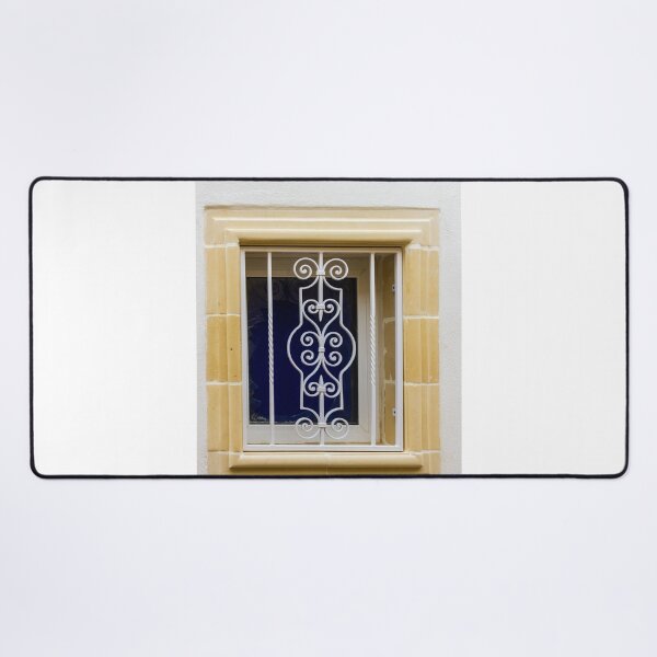 Item preview, Ornate White Iron Window Grille With Beige Stone Frame On White Wall designed and sold by Nmallia.