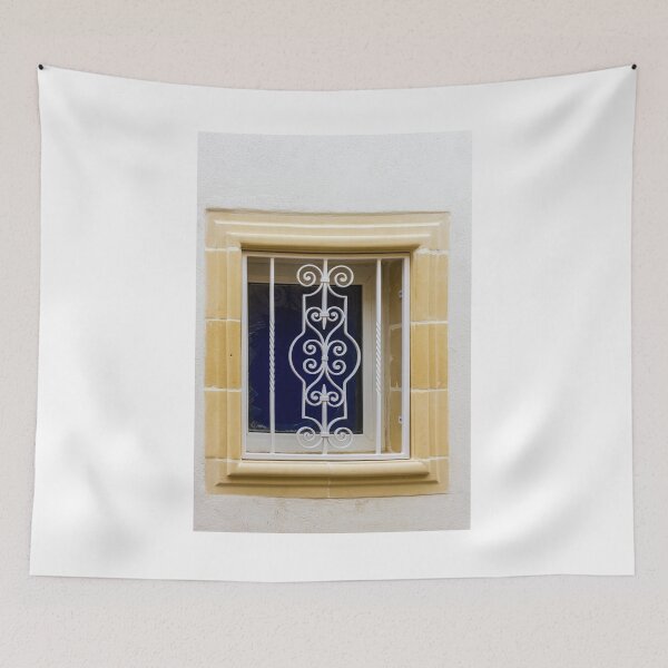 Item preview, Ornate White Iron Window Grille With Beige Stone Frame On White Wall designed and sold by Nmallia.