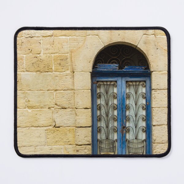 Item preview, Blue Arched Window With Intricate Iron Grille Set in Cream Stone Wall Facade designed and sold by Nmallia.