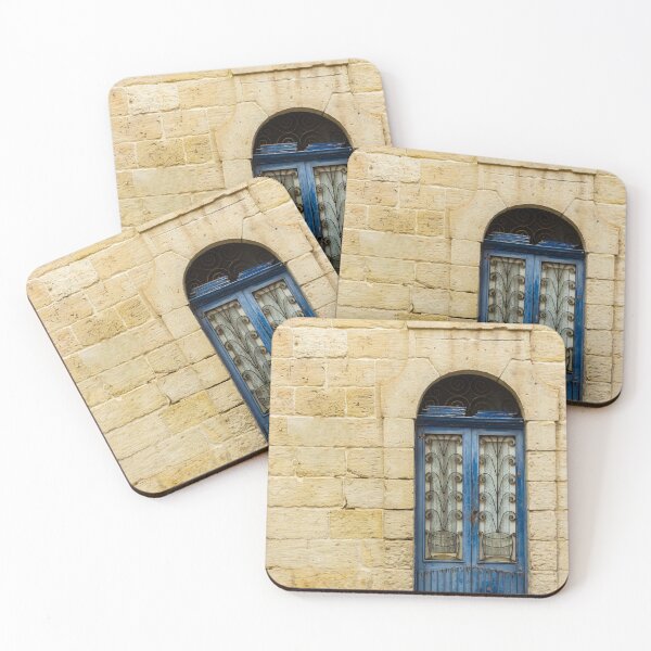 Item preview, Blue Arched Window With Intricate Iron Grille Set in Cream Stone Wall Facade designed and sold by Nmallia.