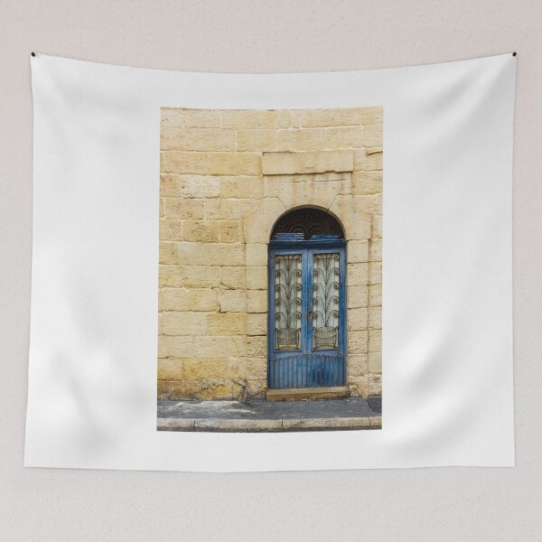 Item preview, Blue Arched Window With Intricate Iron Grille Set in Cream Stone Wall Facade designed and sold by Nmallia.
