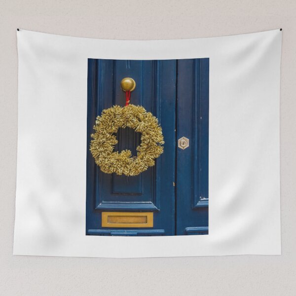 Item preview, Gold Wreath on Deep Blue Door: Festive Holiday Decor for Home Entrance designed and sold by Nmallia.