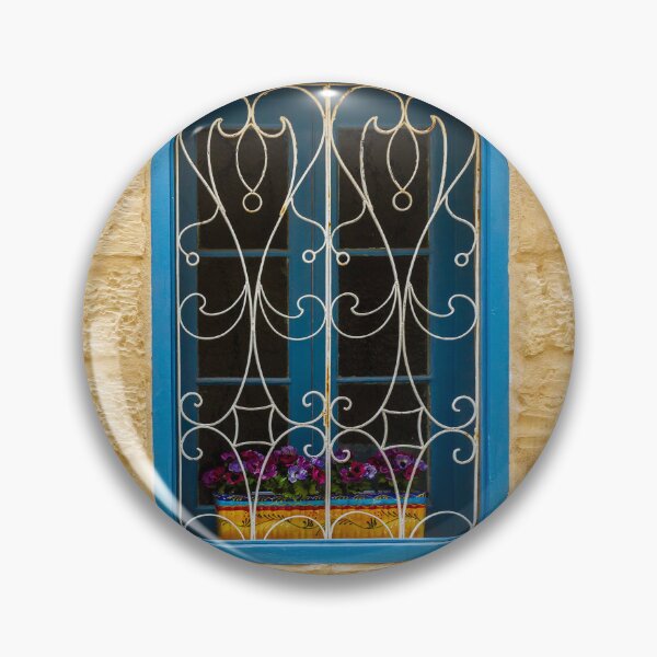 Item preview, Bright Blue Window With Ornate White Grilles And Colorful Flower Box On Yellow Stone Wall designed and sold by Nmallia.