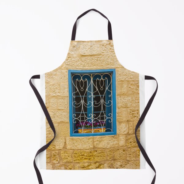 Item preview, Bright Blue Window With Ornate White Grilles And Colorful Flower Box On Yellow Stone Wall designed and sold by Nmallia.
