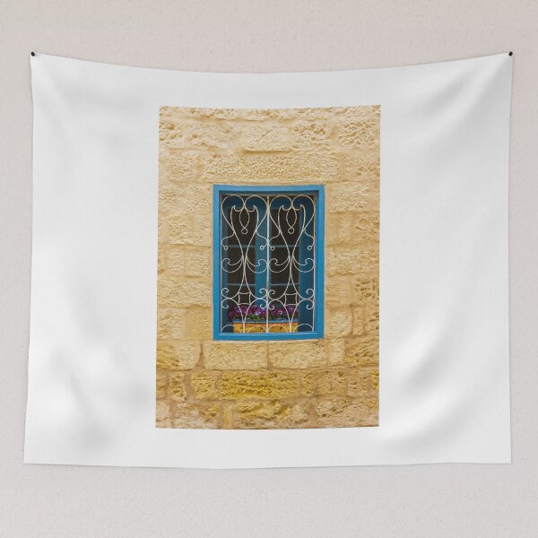 Item preview, Bright Blue Window With Ornate White Grilles And Colorful Flower Box On Yellow Stone Wall designed and sold by Nmallia.