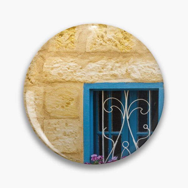 Item preview, Bright Blue Window With Ornate White Grilles And Colorful Flower Box On Yellow Stone Wall designed and sold by Nmallia.