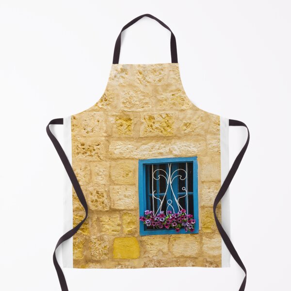Item preview, Bright Blue Window With Ornate White Grilles And Colorful Flower Box On Yellow Stone Wall designed and sold by Nmallia.
