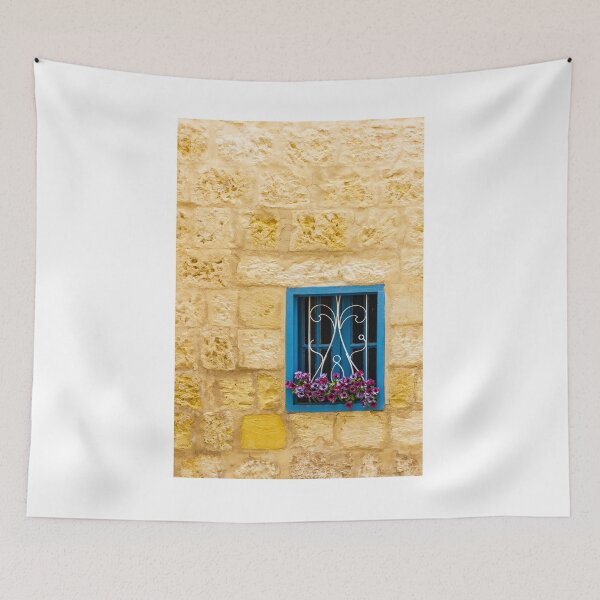 Item preview, Bright Blue Window With Ornate White Grilles And Colorful Flower Box On Yellow Stone Wall designed and sold by Nmallia.