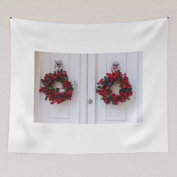 Item preview, Two Red Berry Christmas Wreaths on White Doors Create Festive Holiday Decor designed and sold by Nmallia.