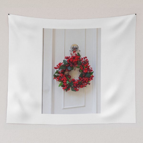 Item preview, Festive Red Berry Christmas Wreath Hanging on White Door Knocker for Holiday Decoration on Front Door designed and sold by Nmallia.