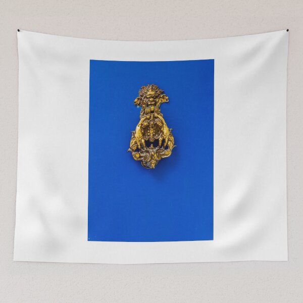 Item preview, Ornate Brass Lion-Head Door Knocker Mounted On Bright Blue Door for Classic Gothic Home Charm designed and sold by Nmallia.
