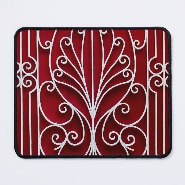 Item preview, Ornate White Iron Gate With Curved Scrollwork Against Deep Red Background Architectural Facade Decor Art designed and sold by Nmallia.