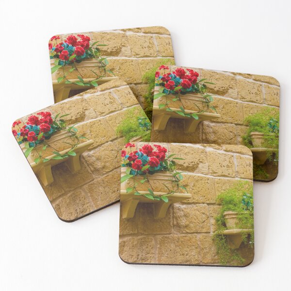 Item preview, Rustic Wall Planters With Red Geraniums And Green Trailing Plants On Stone Wall designed and sold by Nmallia.