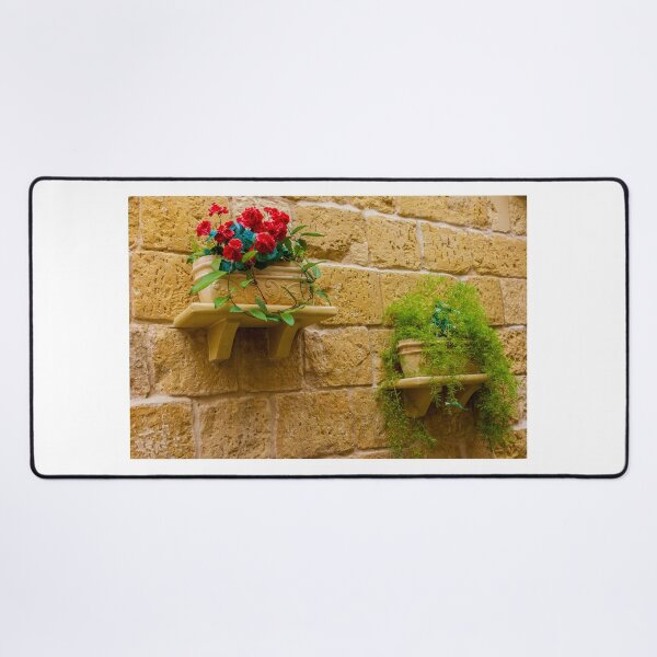 Item preview, Rustic Wall Planters With Red Geraniums And Green Trailing Plants On Stone Wall designed and sold by Nmallia.