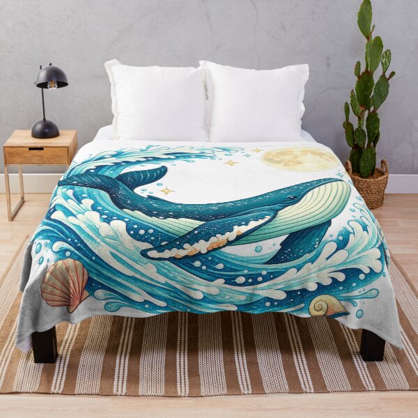 Item preview, Moonlit Whale Ocean Waves Celestial Coastal Fantasy Art Design Print designed and sold by inkoutninja.