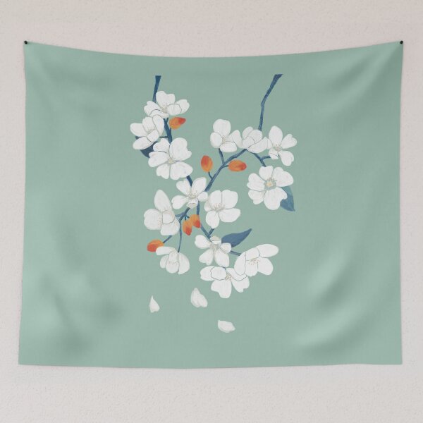 Item preview, White Cherry Blossom Mint Floral Art Gift for Nature Lovers designed and sold by LafinaArt.