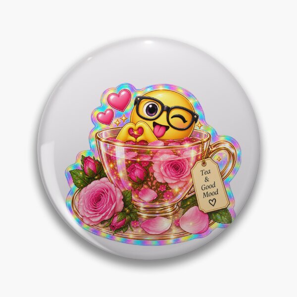 Item preview, Holographic Tea & Good Mood Sticker – Cute Nerdy Emoji, Pink Rose Kawaii Design designed and sold by AstraDrip Studio.