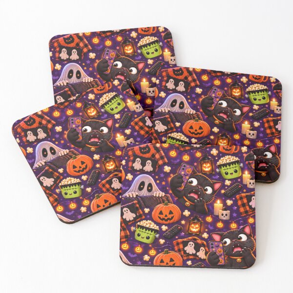 Item preview, Kawaii Halloween Black Cat Pattern – Cute Ghost, Pumpkins, Frankenstein Popcorn & Cozy Spooky Design designed and sold by ALH Apparel.