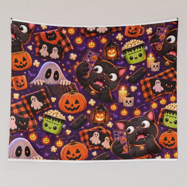 Item preview, Kawaii Halloween Black Cat Pattern – Cute Ghost, Pumpkins, Frankenstein Popcorn & Cozy Spooky Design designed and sold by ALH Apparel.