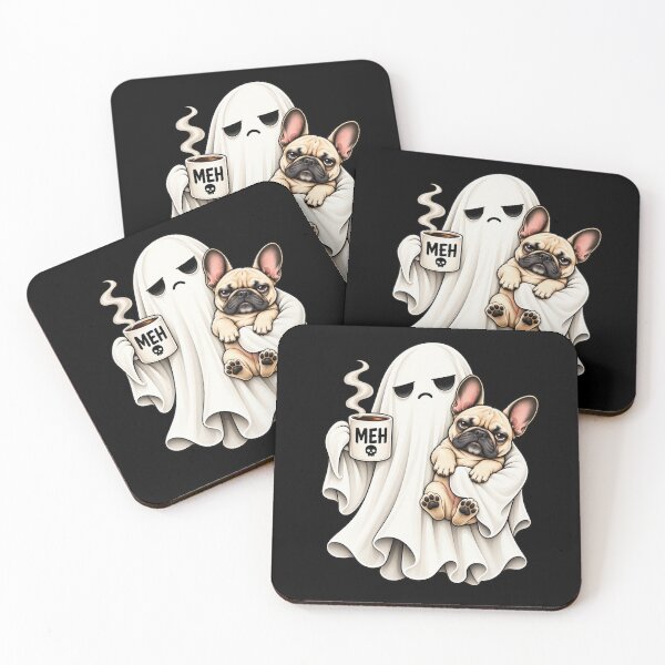 Item preview, Grumpy Ghost French Bulldog Holding Coffee Spooky Design T-Shirt designed and sold by Trendably.